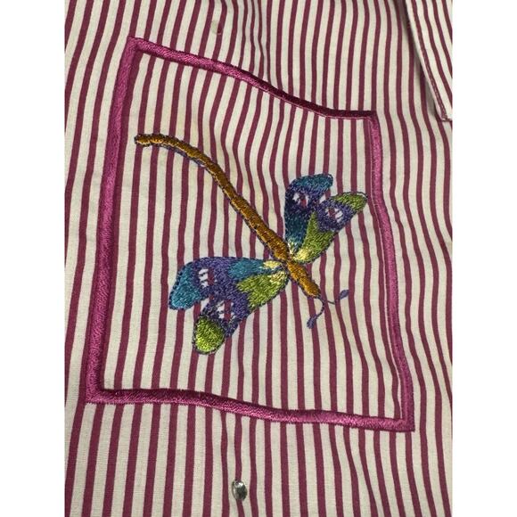 Vintage The Quacker Factory M Red White Stripe Dragonflies Short Sleeve Shirt - Picture 3 of 11